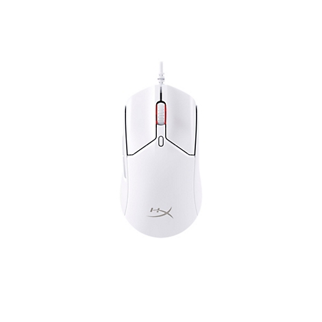 Souris de jeu blanche avec une molette de défilement rouge sur fond blanc. Le logo HyperX est visible.