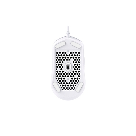 Vue de dessus d'une souris de jeu blanche avec un motif en nid d'abeille et un câble blanc. Le dessous est visible.