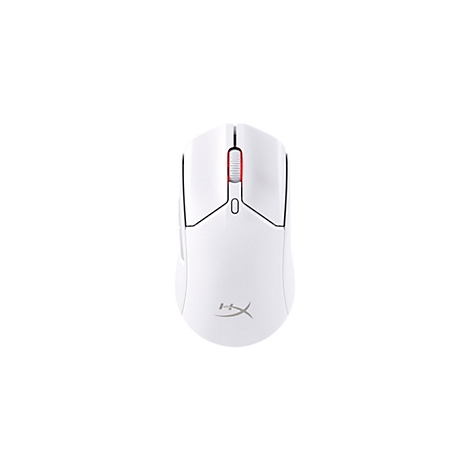 Vue de dessus d'une souris de jeu blanche avec une molette de défilement rouge et le logo HyperX.