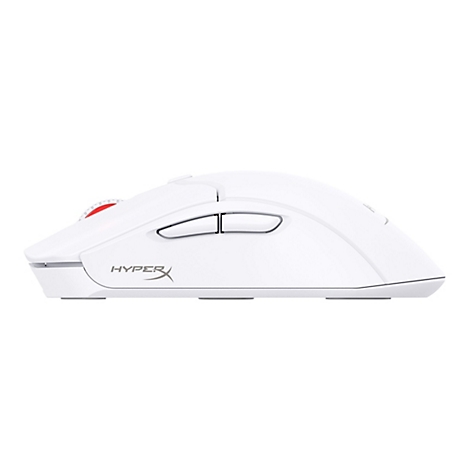 Vue latérale d'une souris de jeu blanche. Molette rouge, deux boutons latéraux et logo HyperX.