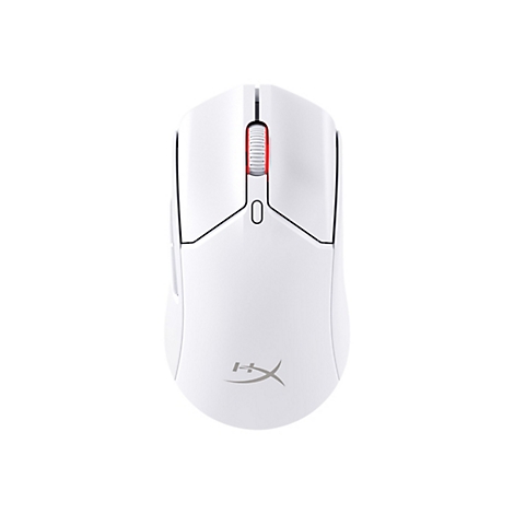 Vue de dessus d'une souris de jeu blanche avec une molette de défilement rouge et le logo HyperX.