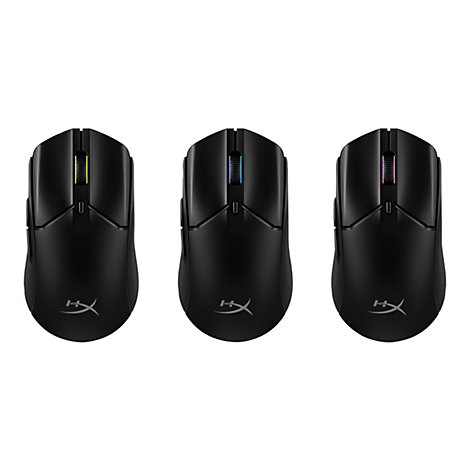 Trois souris d'ordinateur noires côte à côte. Chaque souris a une molette de défilement de couleur différente : jaune, bleu, rose.