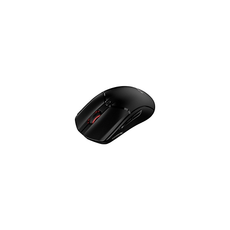 Souris de jeu noire avec molette rouge, sur fond blanc.