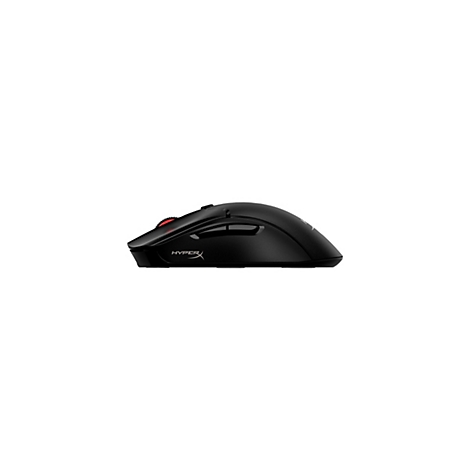 Une souris de jeu noire sur fond blanc, vue de côté. Avec une molette rouge et le logo HyperX.