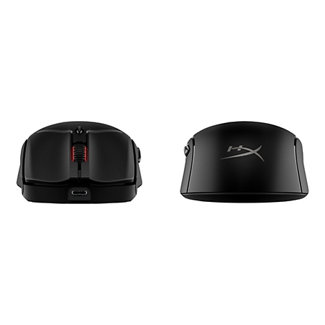 Souris de jeu noire en vue de dessus et de côté. La souris a un éclairage de molette de défilement rouge et un logo HyperX.