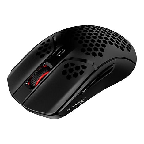 Souris de jeu noire avec trous en nid d'abeille, molette rouge et logo HyperX.