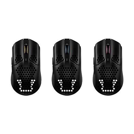 Trois souris de jeu noires côte à côte, chacune avec un éclairage de molette coloré : jaune, bleu et rose. Le boîtier a un design en nid d'abeille.