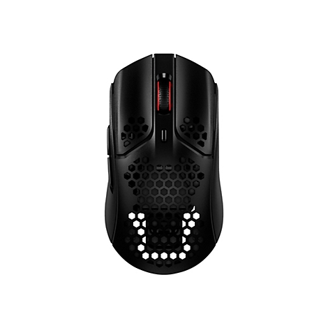 Souris de jeu noire avec des découpes en nid d'abeilles et une molette rouge, sur fond blanc.