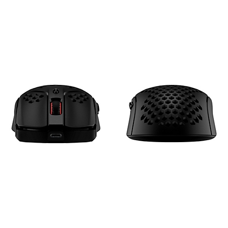 Souris de jeu noire, deux vues. La première montre l'avant, la seconde l'arrière avec un motif en nid d'abeille.