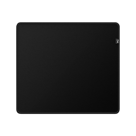 Tapis de souris noir avec coins arrondis et logo dans le coin droit.