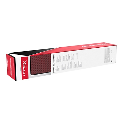Emballage de produit rectangulaire pour un tapis de souris HyperX Pulsefire. La boîte est principalement blanche avec des accents rouges et noirs. Le nom et le logo sont bien en évidence.