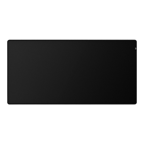Schwarzes rechteckiges Mousepad mit abgerundeten Ecken und einer Textur. Logo in der rechten Ecke.