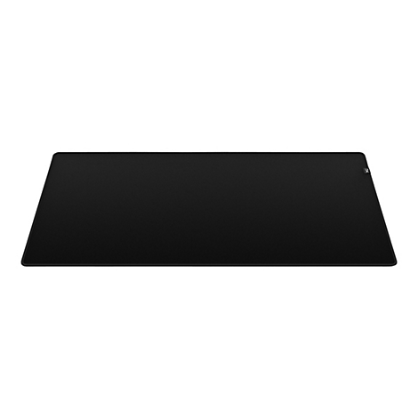 Tapis de souris rectangulaire noir avec coins arrondis. Petit logo dans le coin droit.