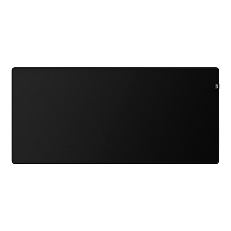 Tapis de souris noir et rectangulaire avec une surface légèrement texturée. Logo dans le coin supérieur droit.