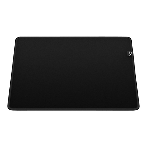 Tapis de souris rectangulaire noir avec un logo dans le coin droit.