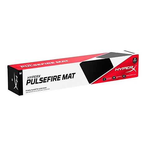 Boîte avec HyperX Pulsefire Mat, couvercle rouge avec lettrage et champ noir.