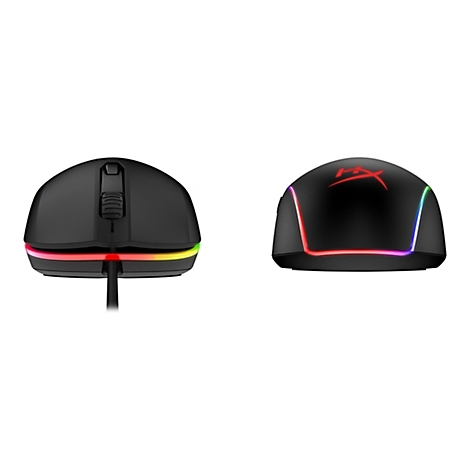 Schwarze Gaming-Maus mit RGB-Beleuchtung und HyperX-Logo. Beide Ansichten: Vorne mit Kabel, hinten ohne Kabel.