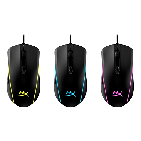 Drei schwarze Gaming-Mäuse mit farbigen Lichteffekten: Gelb, Blau und Pink. Jede Maus hat ein Kabel und das HyperX-Logo.