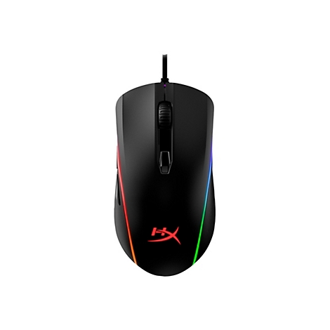 Schwarze Gaming-Maus mit RGB-Beleuchtung und rotem HyperX-Logo. Das Kabel ist oben am Gehäuse befestigt.