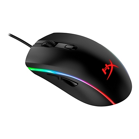 Schwarze Gaming-Maus mit RGB-Beleuchtung und rotem Logo auf weißem Hintergrund.