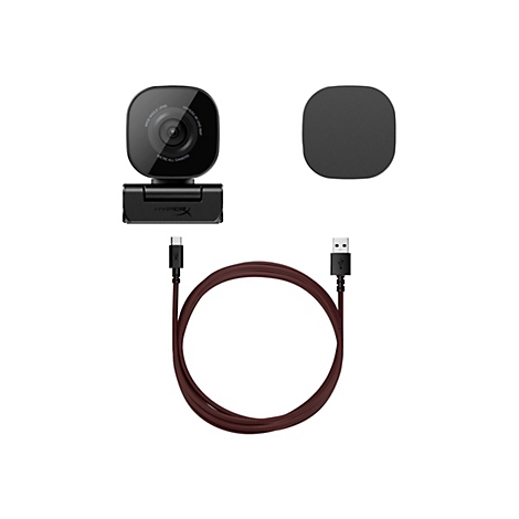 Schwarze HyperX Webcam mit Zubehör auf weißem Hintergrund. Webcam, USB-Kabel, Abdeckung.