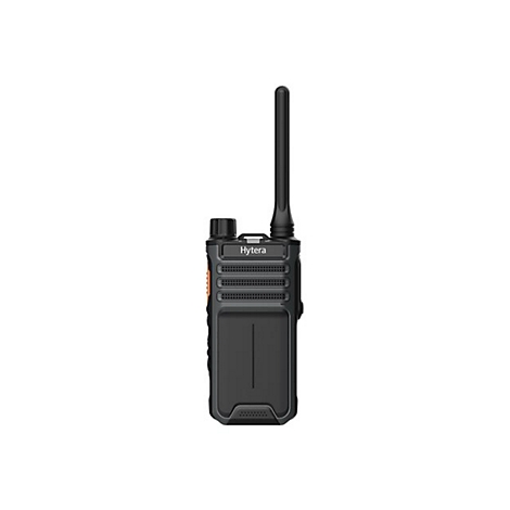 Schwarzes Hytera Handfunkgerät mit Antenne vor weißem Hintergrund.