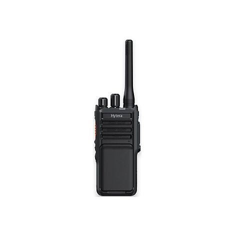 Schwarzes Hytera Handfunkgerät mit Antenne vor weißem Hintergrund.