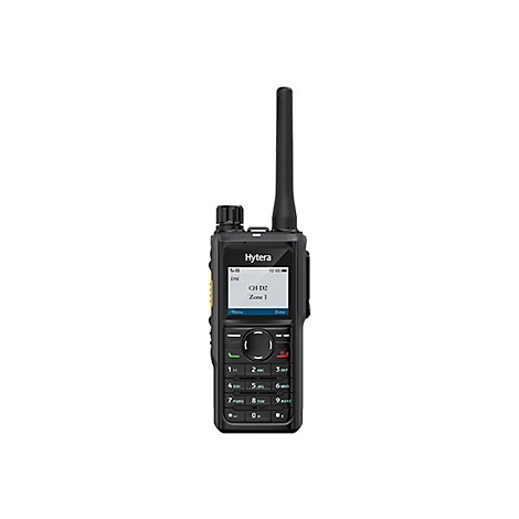 Schwarzes Hytera-Funkgerät mit Antenne, Display und Tastatur vor weißem Hintergrund.