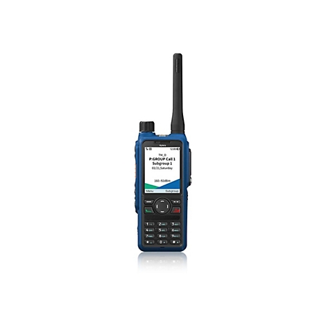 Blaues Hytera Funkgerät mit Antenne und Display vor weißem Hintergrund.