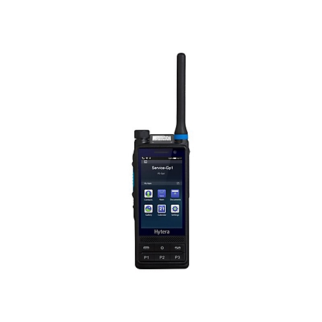 Hytera Funkgerät mit Touchscreen und Antenne vor weißem Hintergrund.
