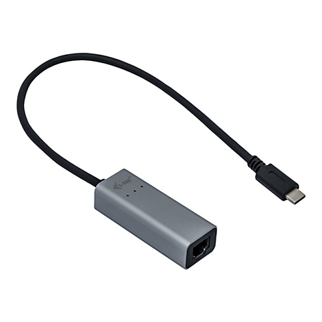 Adaptateur avec connecteur USB-C et port RJ45. BoÃ®tier gris, cÃ¢ble noir, fond blanc.