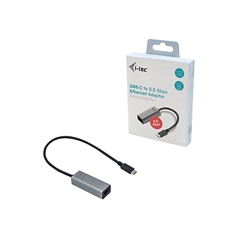 Adaptateur USB-C vers Ethernet avec emballage. CÃ¢ble gris-noir, description du produit sur la boÃ®te.