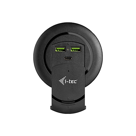 Chargeur USB noir avec deux ports USB, un port USB-C et le logo i-tec.