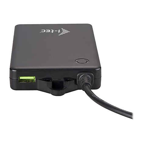 Batterie externe noire avec logo et port USB vert, connexion par cÃ¢ble.