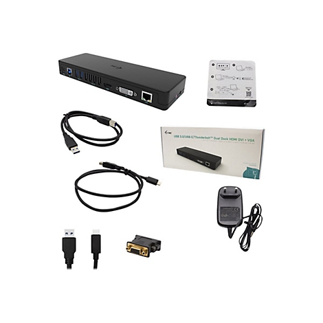 Mehrere Teile einer USB-C-Dockingstation mit Kabeln und Netzteil auf weißem Hintergrund.
