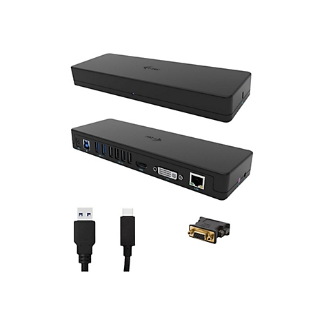 Schwarze Dockingstation mit Anschlüssen und Kabeln. Oben die geschlossene Box. Darunter die Box mit Anschlüssen. Dazu Kabel und DVI-Adapter.