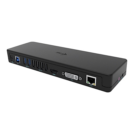 Schwarze Dockingstation mit USB-, HDMI-, DVI- und LAN-Anschlüssen. Label: USB 3.0, USB 2.0, HDMI, DVI, LAN.