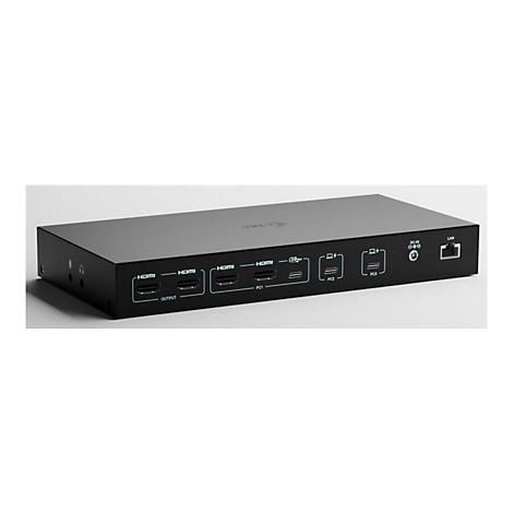 Commutateur HDMI noir avec plusieurs ports tels que HDMI, USB-C et LAN, sur fond clair.