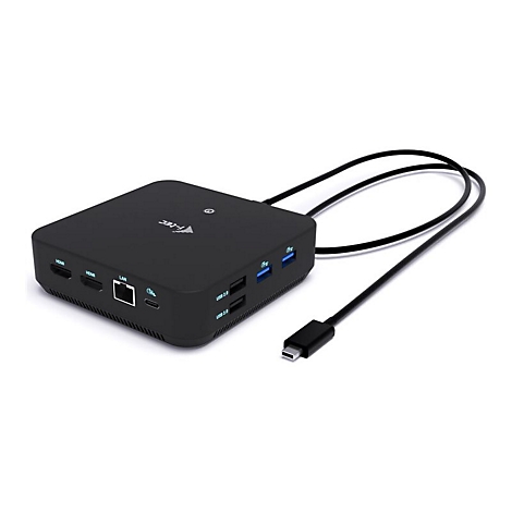 Schwarze Dockingstation mit Anschlüssen wie HDMI, LAN und USB. Ein Kabel mit USB-C-Stecker ist angeschlossen.