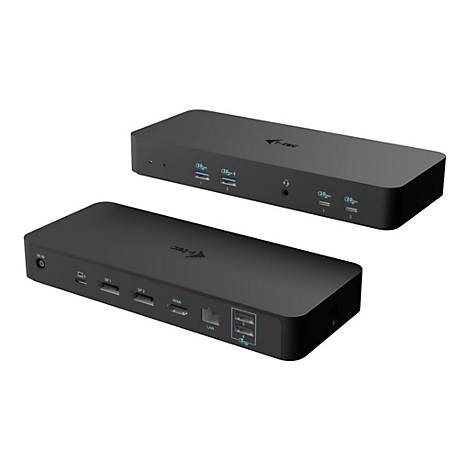 Zwei schwarze USB-C-Hubs. Auf der Oberseite befinden sich mehrere Anschlüsse, darunter USB, DisplayPort, HDMI und LAN. Das Logo ist sichtbar.