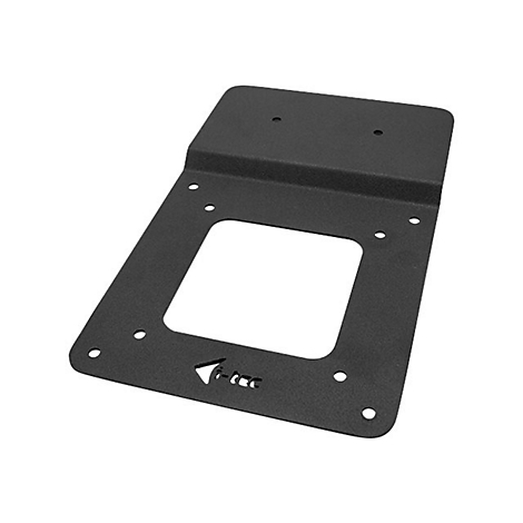 Plaque mÃ©tallique noire avec Ã©videment rectangulaire, trous et logo de l'entreprise.