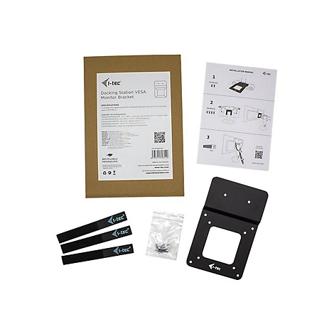 Un support de moniteur VESA i-tec. Les piÃ¨ces sont disposÃ©es sur fond blanc, comprenant un support, des vis, des sangles velcro et un manuel d'instructions.