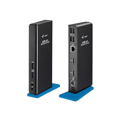 Deux stations d'accueil USB 3.0 noires, texte i-tec USB 3.0 DOCKING STATION sur fond blanc. Socle bleu.