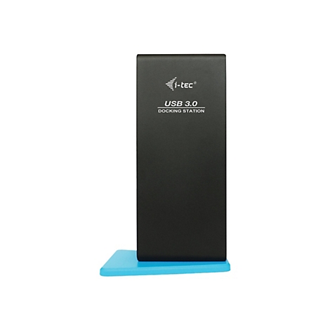 Station d'accueil USB 3.0 noire avec socle bleu, logo i-tec et description du produit.