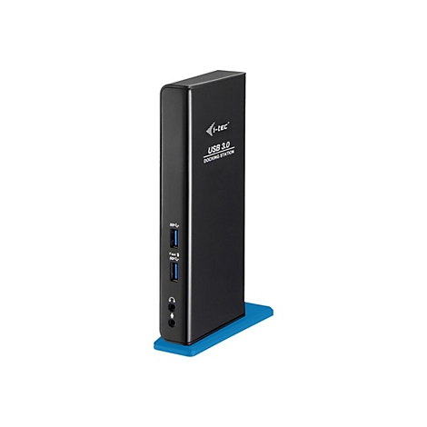 Station d'accueil USB 3.0 noire avec ports, base bleue et texte.