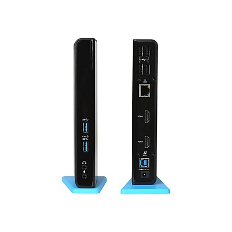 Station d'accueil noire avec connexions latÃ©rales et arriÃ¨re, sur support bleu clair. Prises pour USB, HDMI, Ethernet, casque.