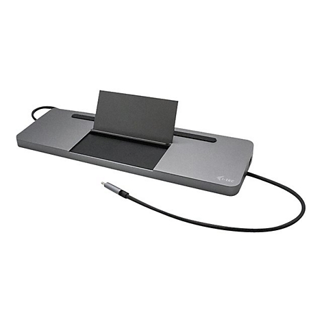 Station d'accueil grise pour ordinateur portable, cÃ¢ble noir avec prise, plateau branchÃ©.