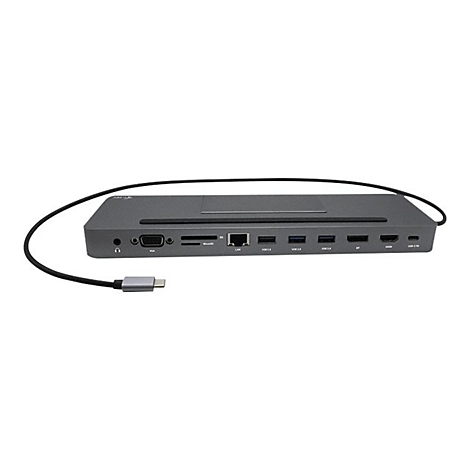 Station d'accueil grise avec plusieurs ports. Un cÃ¢ble avec connecteur USB-C est connectÃ©.