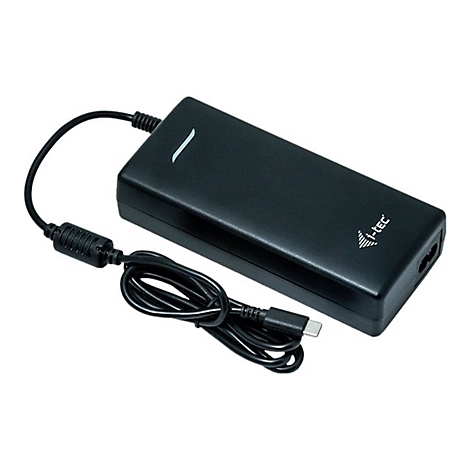 Adaptateur secteur noir avec cÃ¢ble, logo i-tec. Sur fond blanc.
