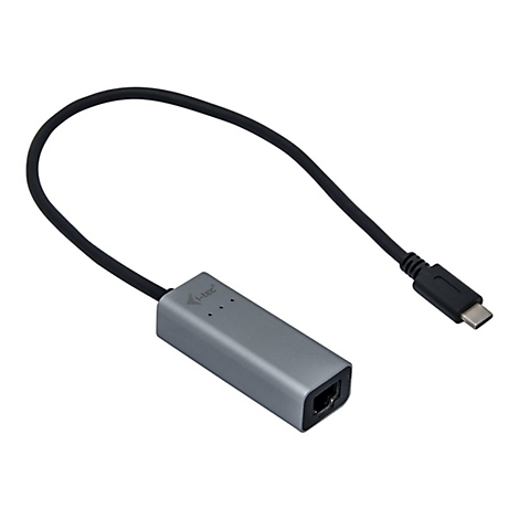 Un adaptateur gris avec connecteur RJ45 et USB-C et un cÃ¢ble noir.